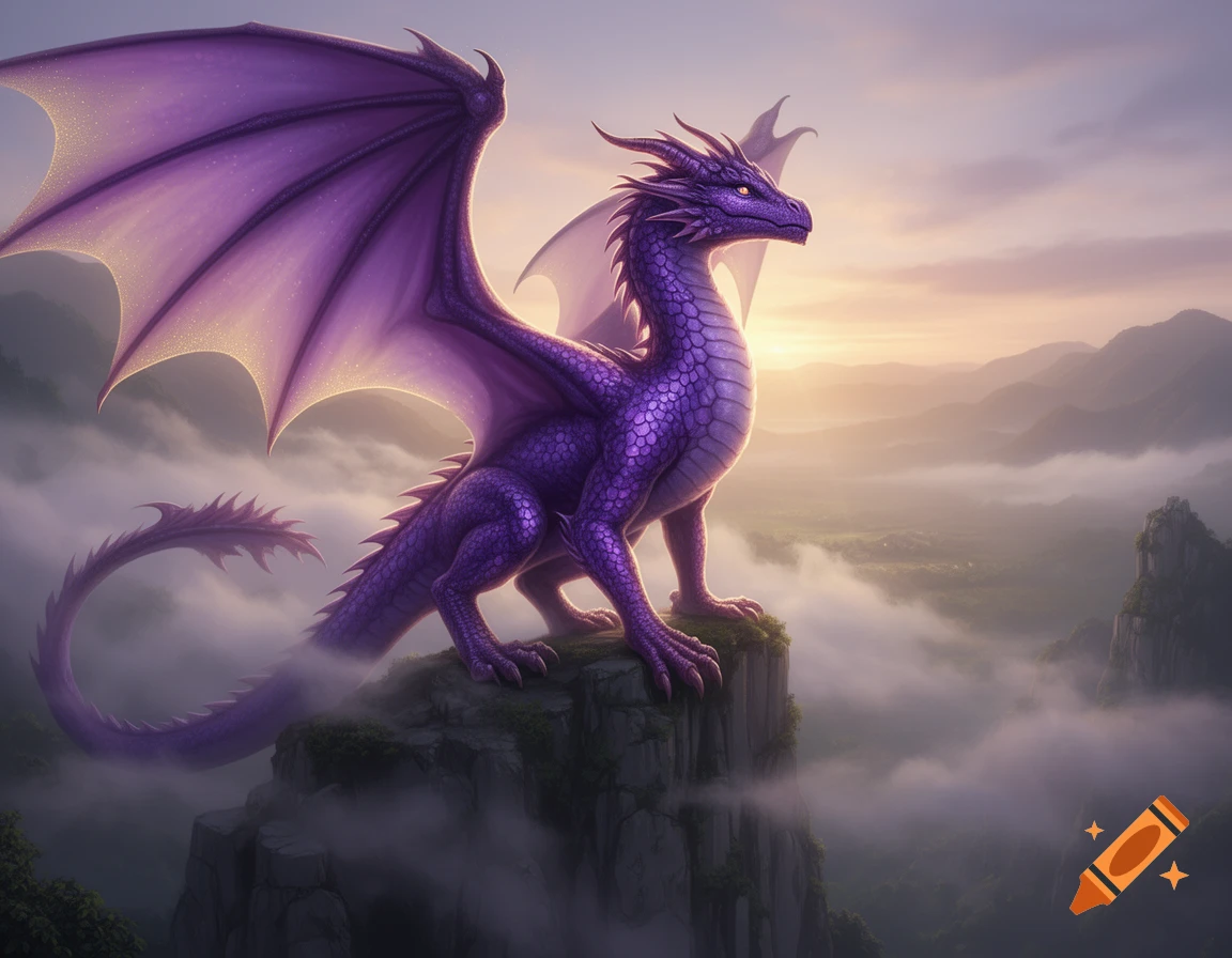 A majestic purple dragon with large wings perches on a misty mountain cliff overlooking a valley at sunrise.