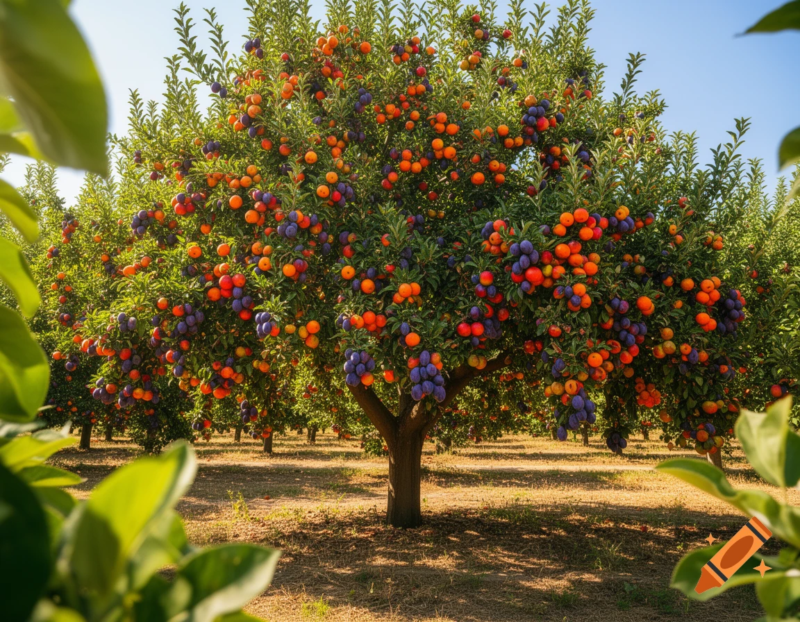 A vibrant fruit tree in an orchard, heavily laden with ripe, colorful plums and oranges under a bright sky.
