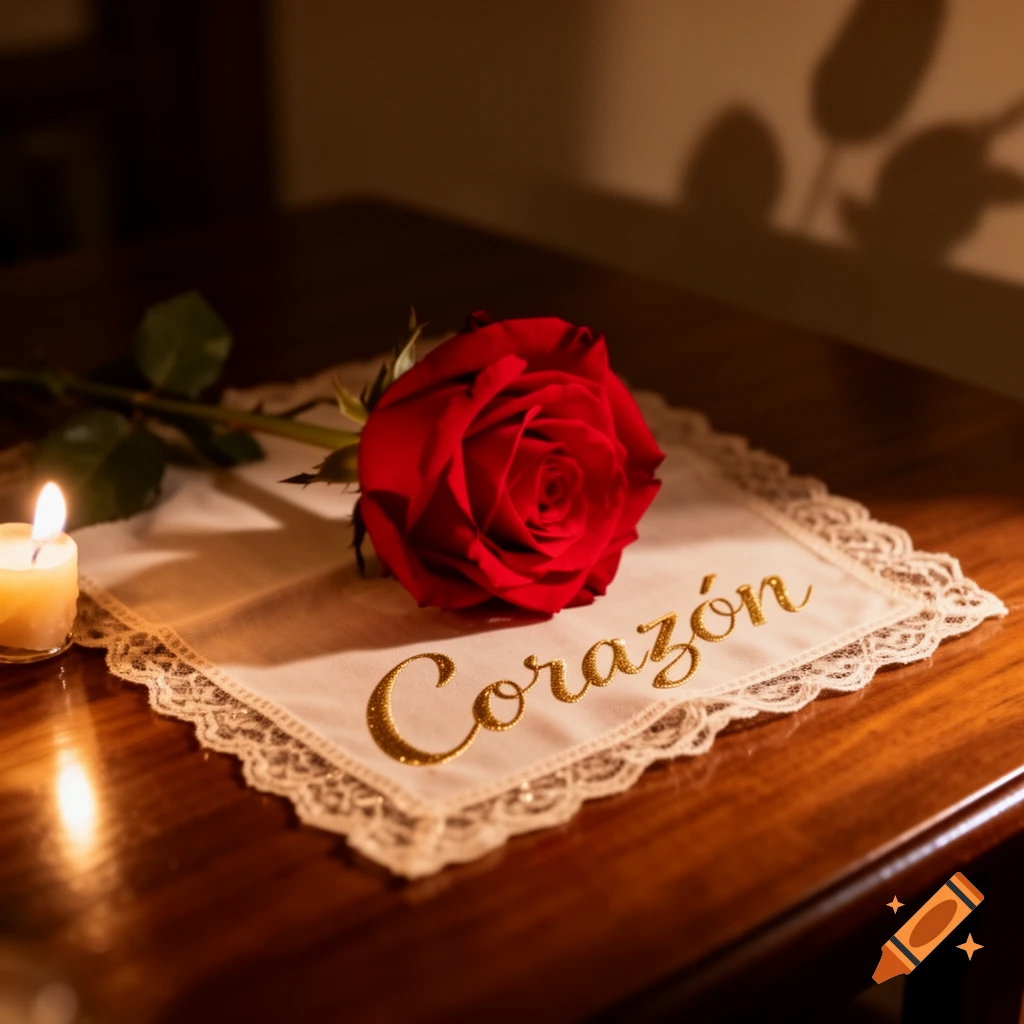 A single red rose on a white lace cloth with 'Coraz ón' embroidered in gold, next to a lit candle on a wooden table.