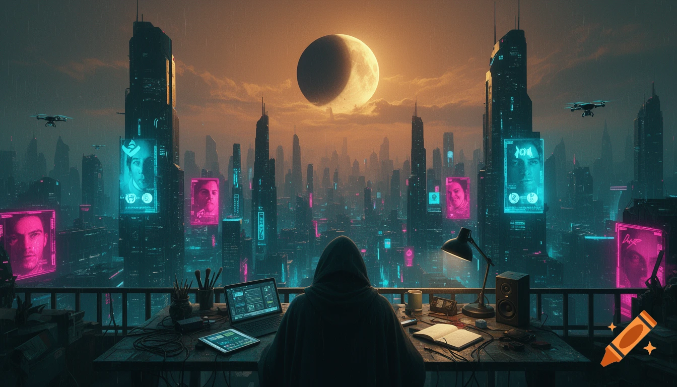 A hooded figure sits at a tech-filled desk overlooking a sprawling, neon-lit cyberpunk city under a large moon at dusk. Detailed concept art.