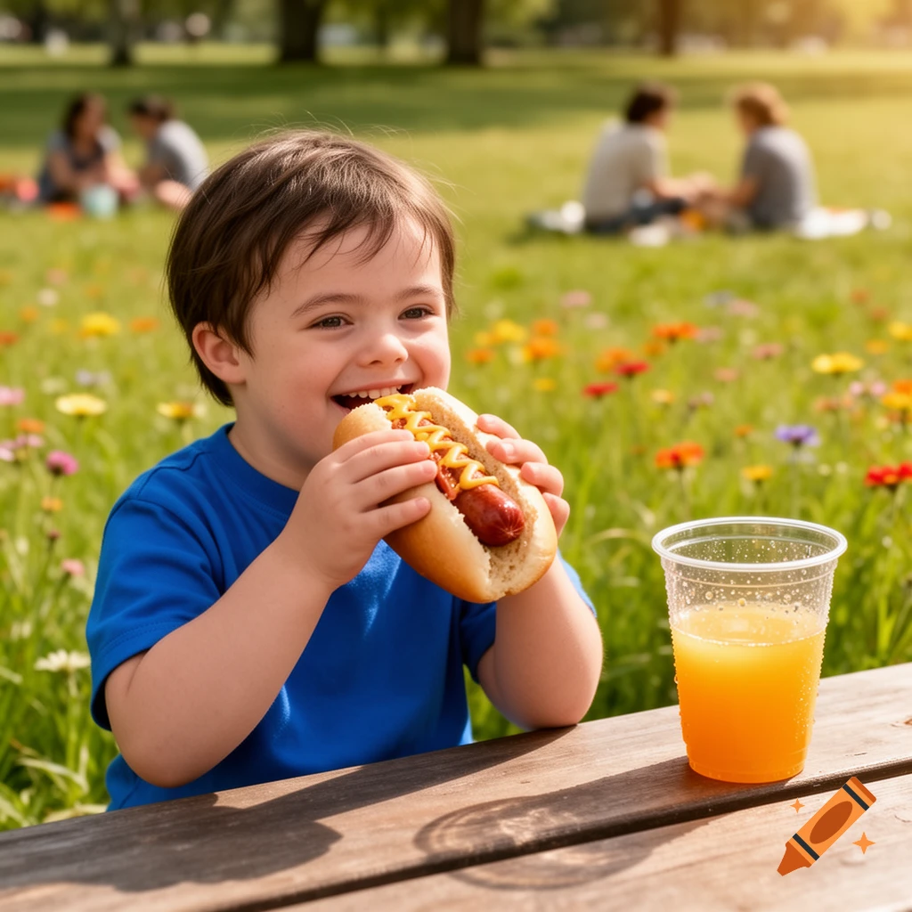 A smiling boy with Down syndrome eats a hot dog with mustard at a picnic table in a sunny park with colorful flowers.