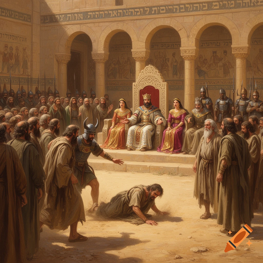 A classical painting shows a king and queen on thrones observing a soldier striking a man, who falls to the ground in a busy courtyard.