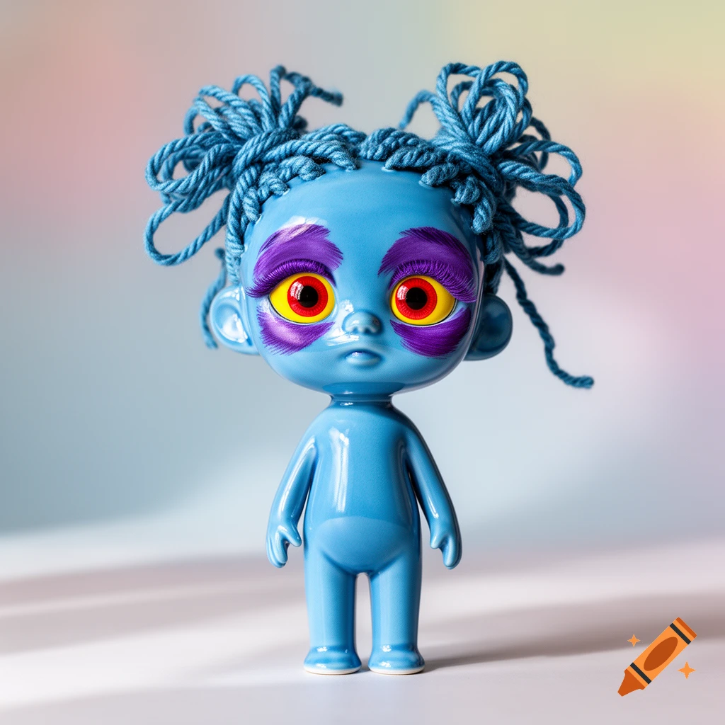 A blue doll with blue string hair in pigtails, purple eyelids, and large red and yellow eyes, on a gradient background.