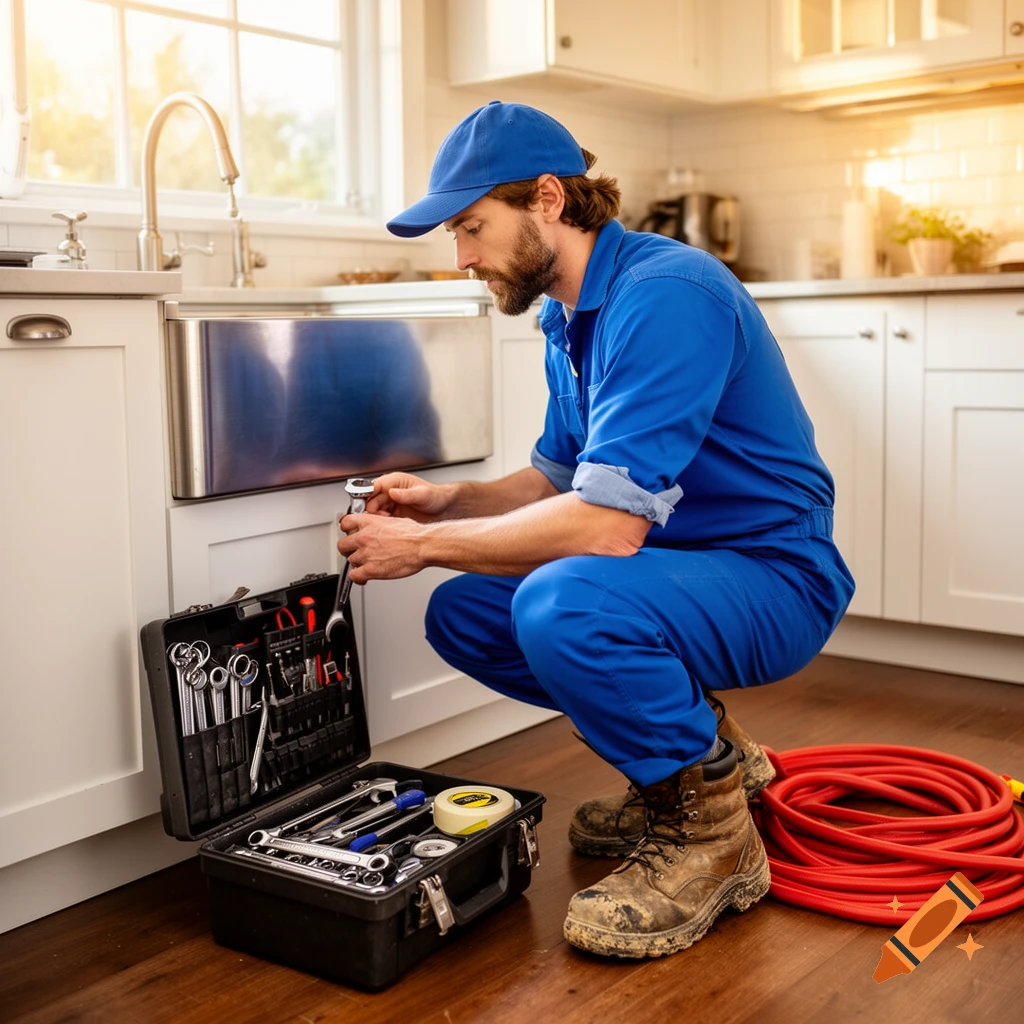 Male plumber in blue uniform and cap crouches to fix a kitchen sink, with a toolbox and red hose beside him.