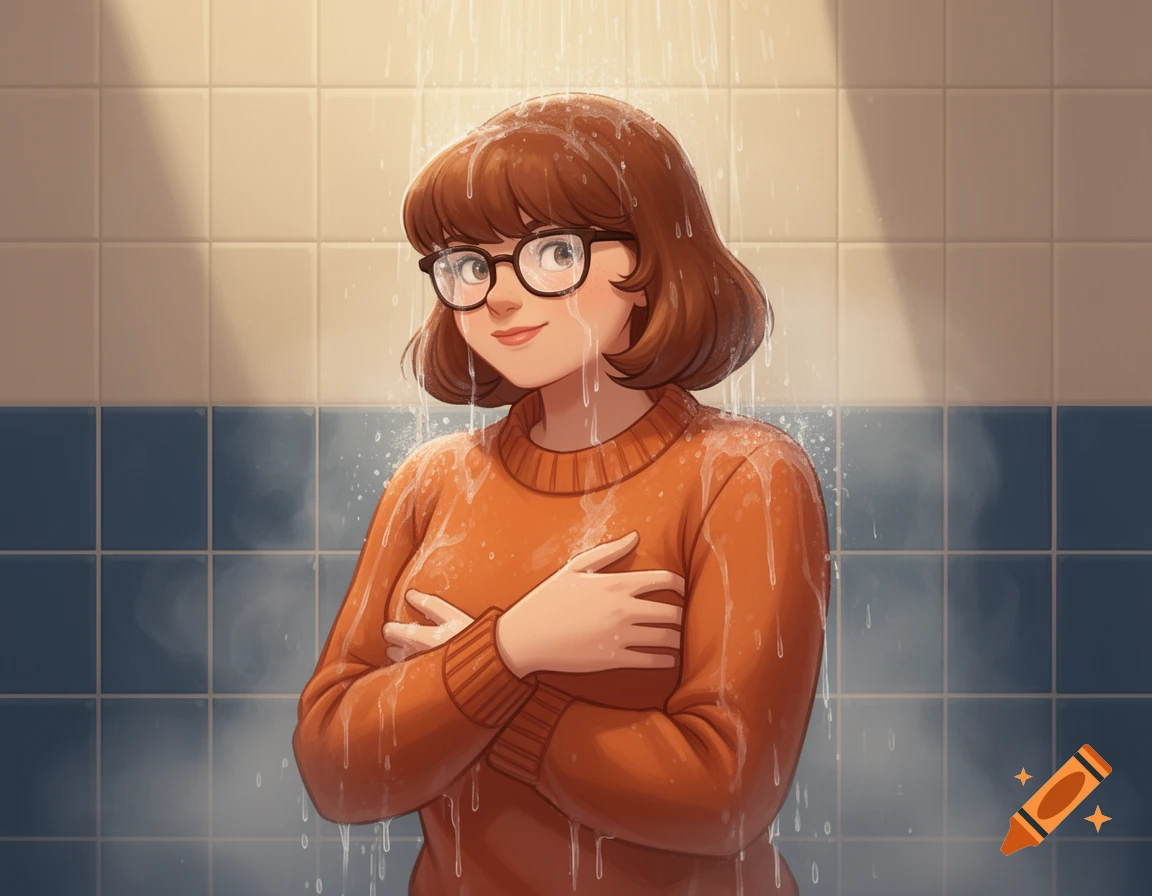 Cartoon Velma Dinkley stands in a tiled shower, fully clothed in an orange sweater with water splashing on her.