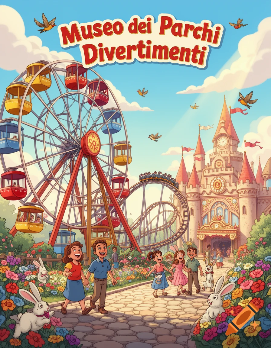 Cartoon style image of a lively amusement park with a Ferris wheel, rollercoaster, castle, families, and rabbits, with the title 'Museo dei Parchi Divertimenti' at the top.