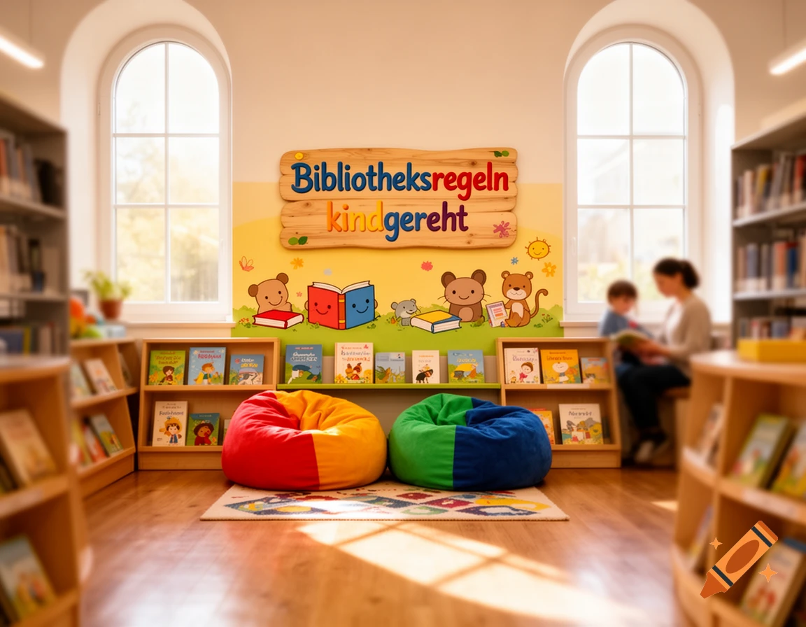 A cozy children's library with beanbags, bookshelves, and a colorful mural reading "Bibliotheksregeln kindgerecht". An adult reads to a child in the background.