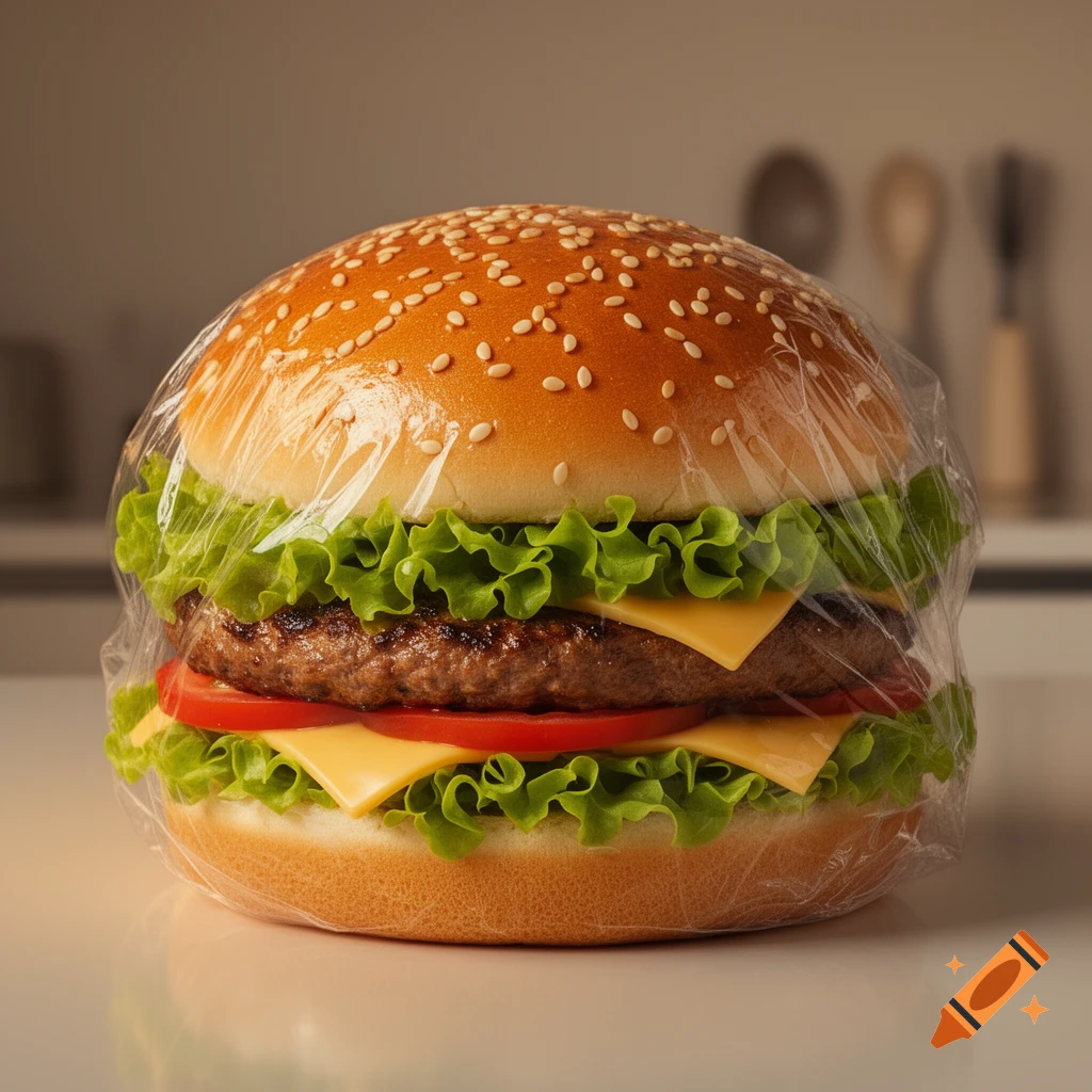 A photorealistic double cheeseburger with lettuce, tomato, cheese, and a sesame seed bun, wrapped in clear plastic.