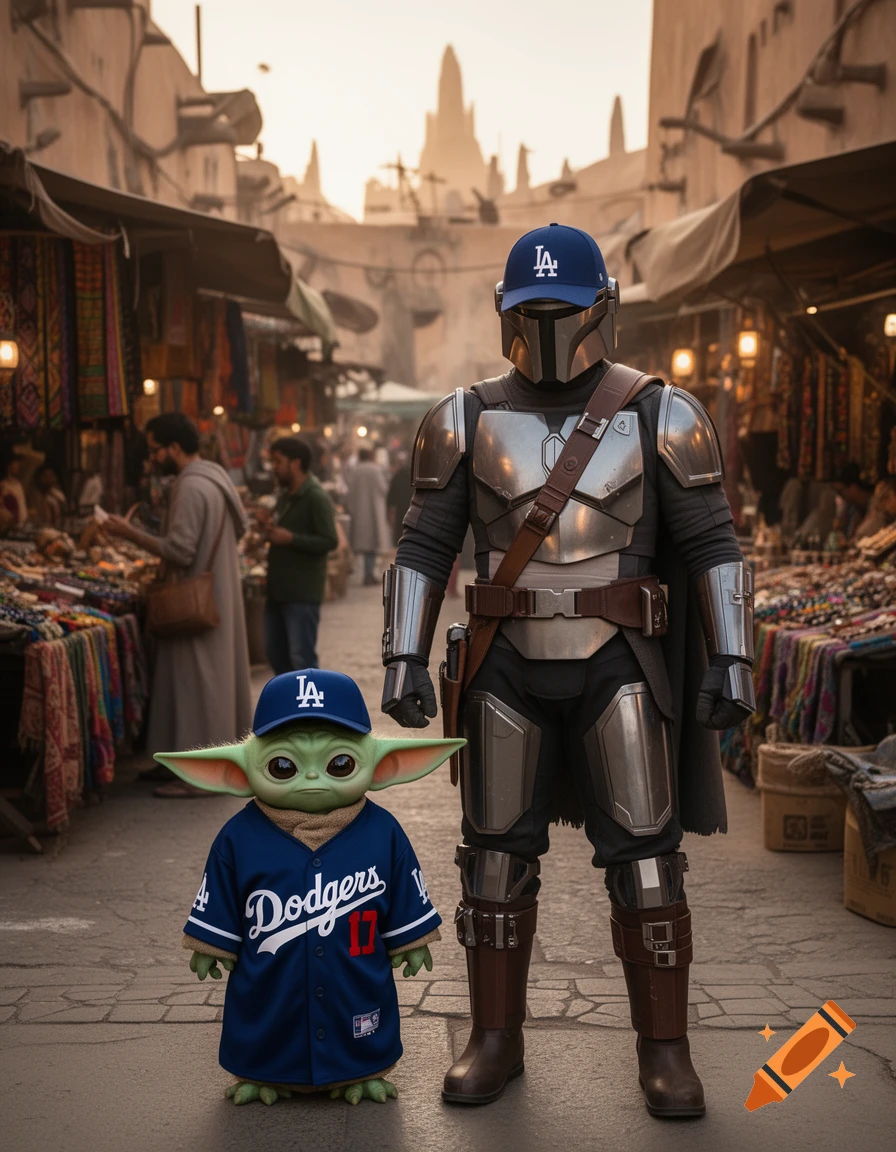 The Mandalorian and Grogu wear Los Angeles Dodgers baseball uniforms and caps while standing in a bustling desert market.