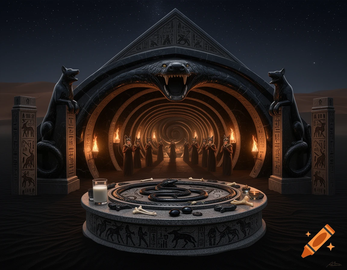 A dark, mystical temple in a black desert at night, featuring a serpentine entrance, dog-like statues, masked figures, and a ritual altar with a snake, bones, and milk.