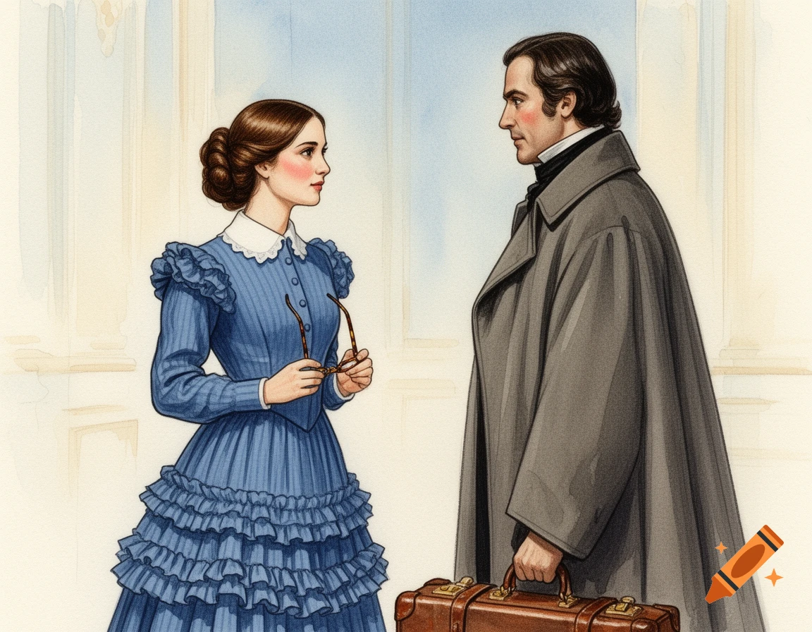 A watercolor illustration of a woman in a blue ruffled dress holding glasses and a man in a gray coat holding a brown suitcase, looking at each other indoors.
