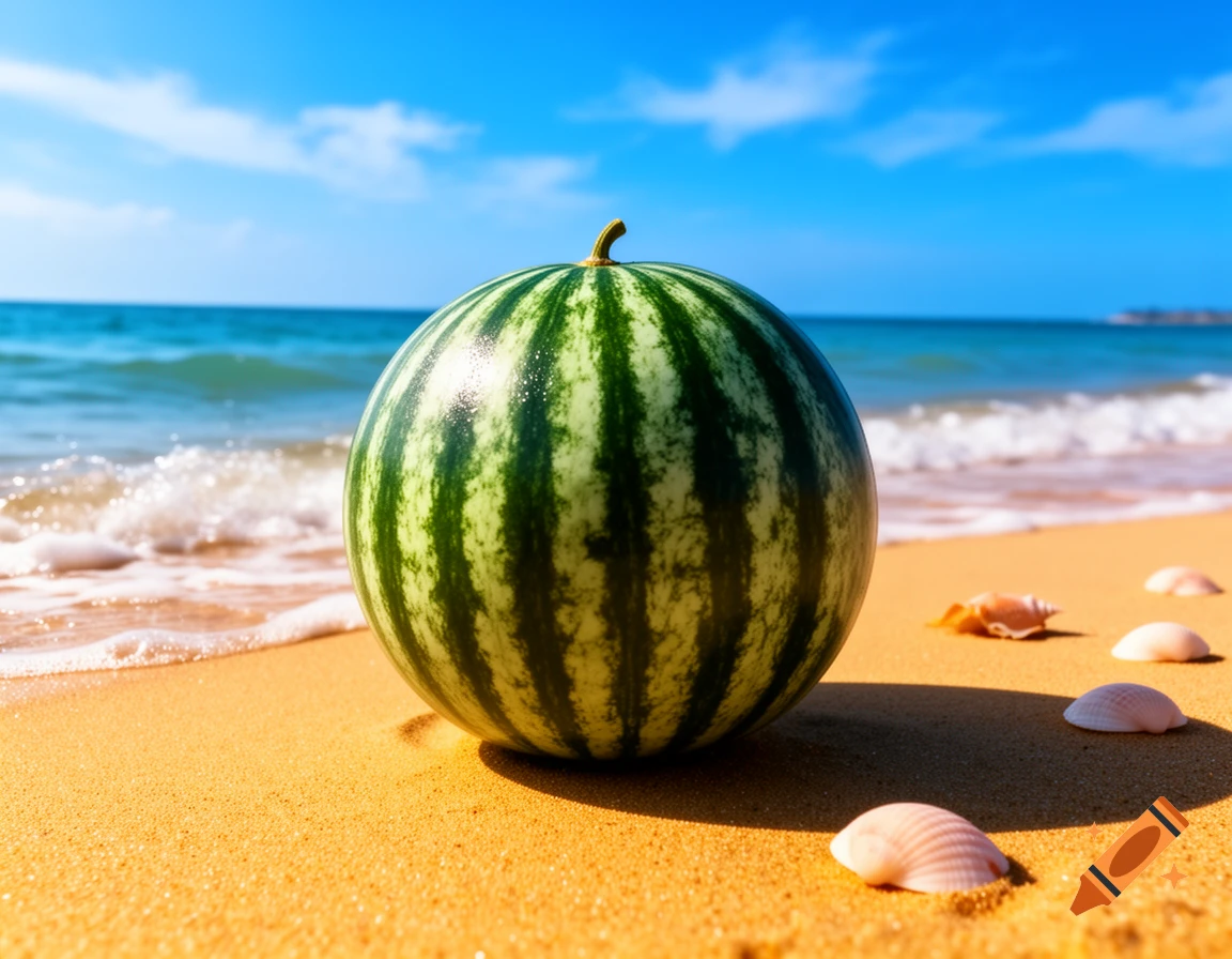 A photorealistic image of a watermelon resting on the golden sand of a sunny beach, with ocean waves and blue sky in the background, and scattered seashells.