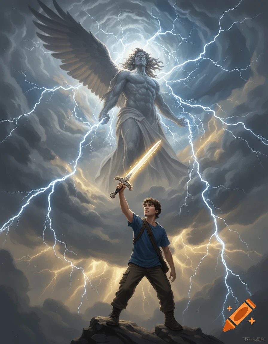 A young man on a rocky peak raises a glowing sword toward a muscular, winged god enveloped in lightning amidst stormy clouds.
