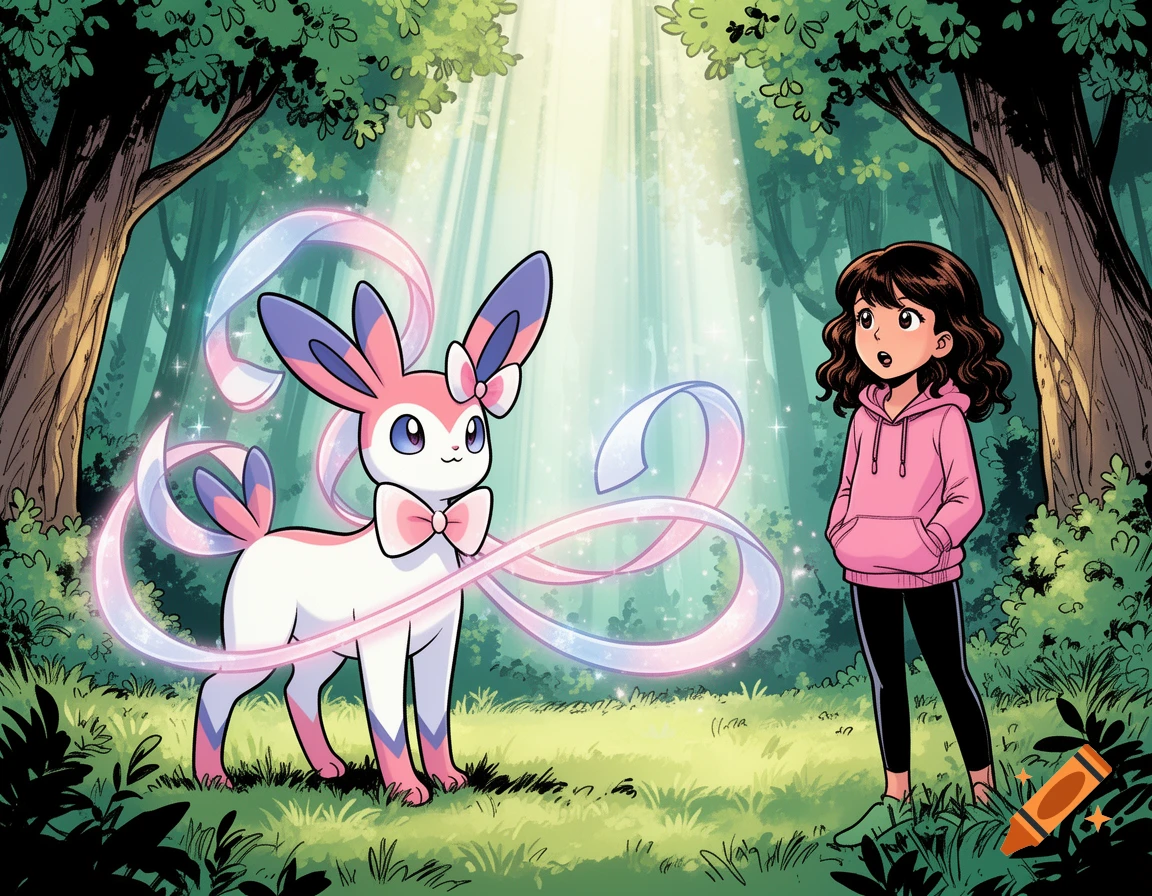 A Sylveon and a girl with dark hair in a pink hoodie stand in a sunlit forest clearing, depicted in a comic style.