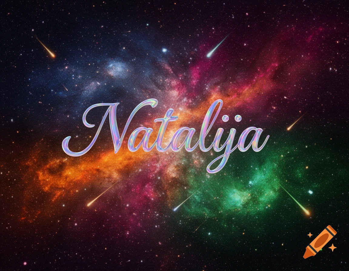 Shiny, iridescent name 'Natalija' in a script font against a vibrant, colorful galaxy with stars and meteors.