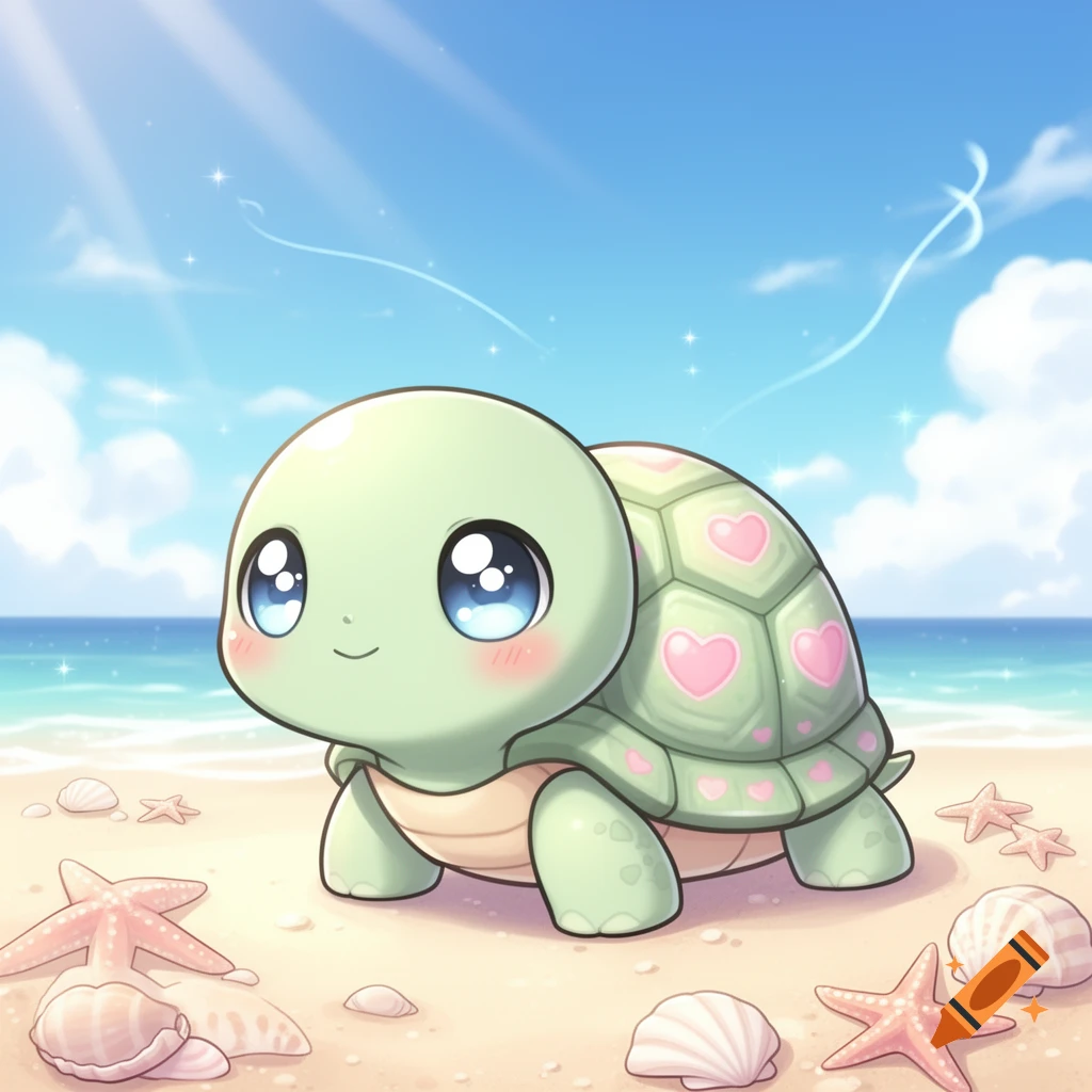 Cute kawaii green turtle with large blue eyes and heart patterns on its shell, standing on a sandy beach with seashells and starfish.
