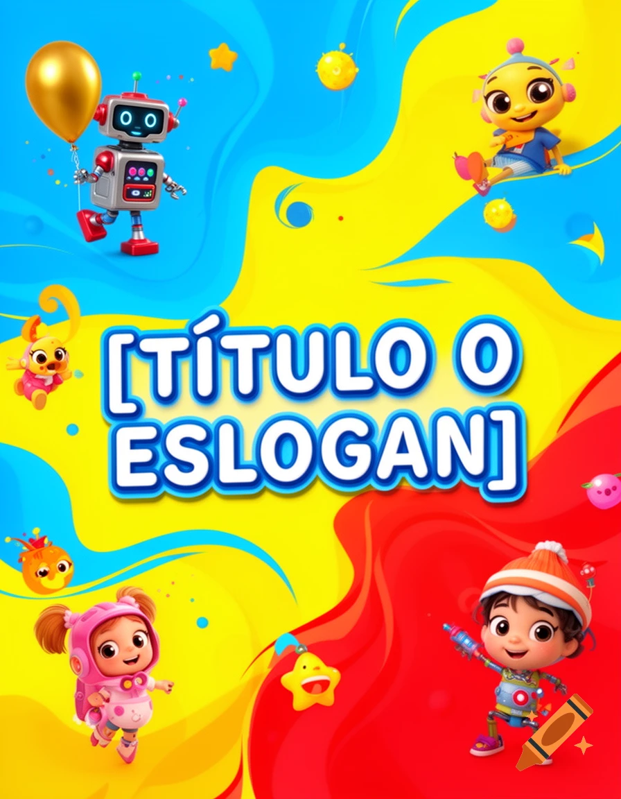 Colorful children's poster with a robot, cartoon characters, and a golden balloon against a blue, yellow, and red swirled background.