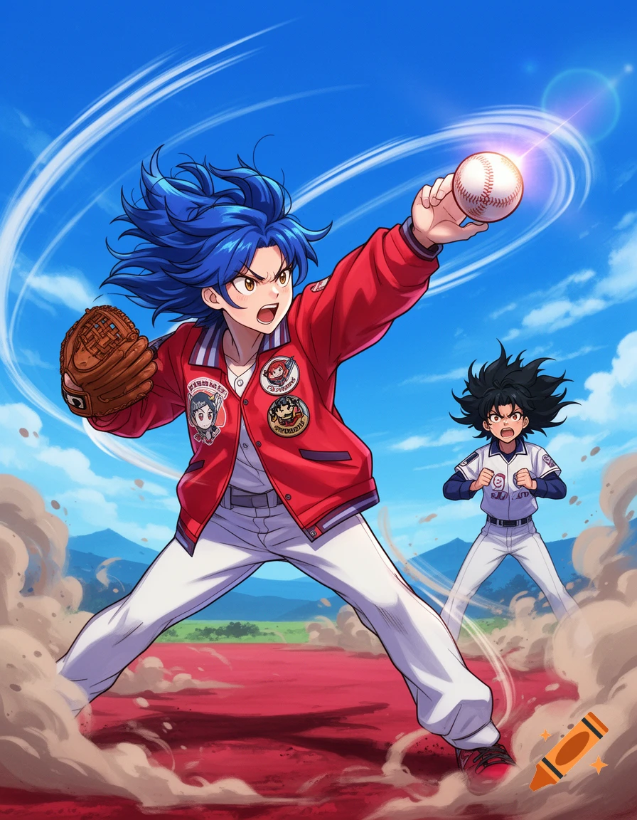 An anime-style character with blue spiky hair in a red baseball jacket pitches a baseball, kicking up dust on a red field under a blue sky. Another character in a white baseball uniform stands in the background.