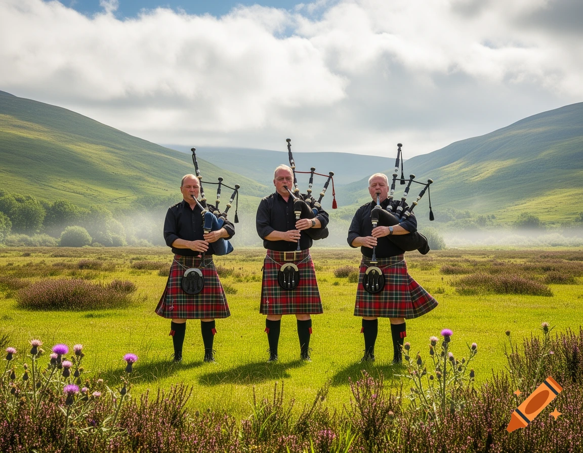 Three men in traditional Scottish kilts play bagpipes in a vibrant green, hilly landscape under a cloudy sky.