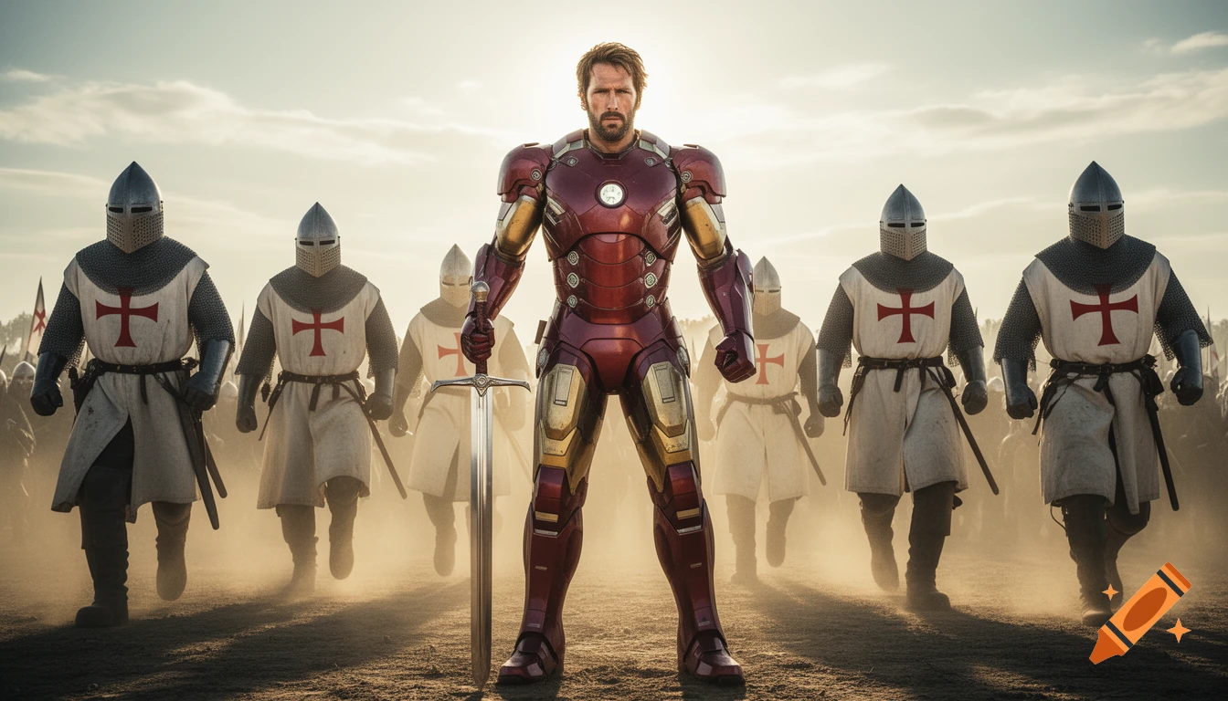 Photorealistic image of a man in an Iron Man suit, without a helmet, holding a sword, leading Templar knights into battle.