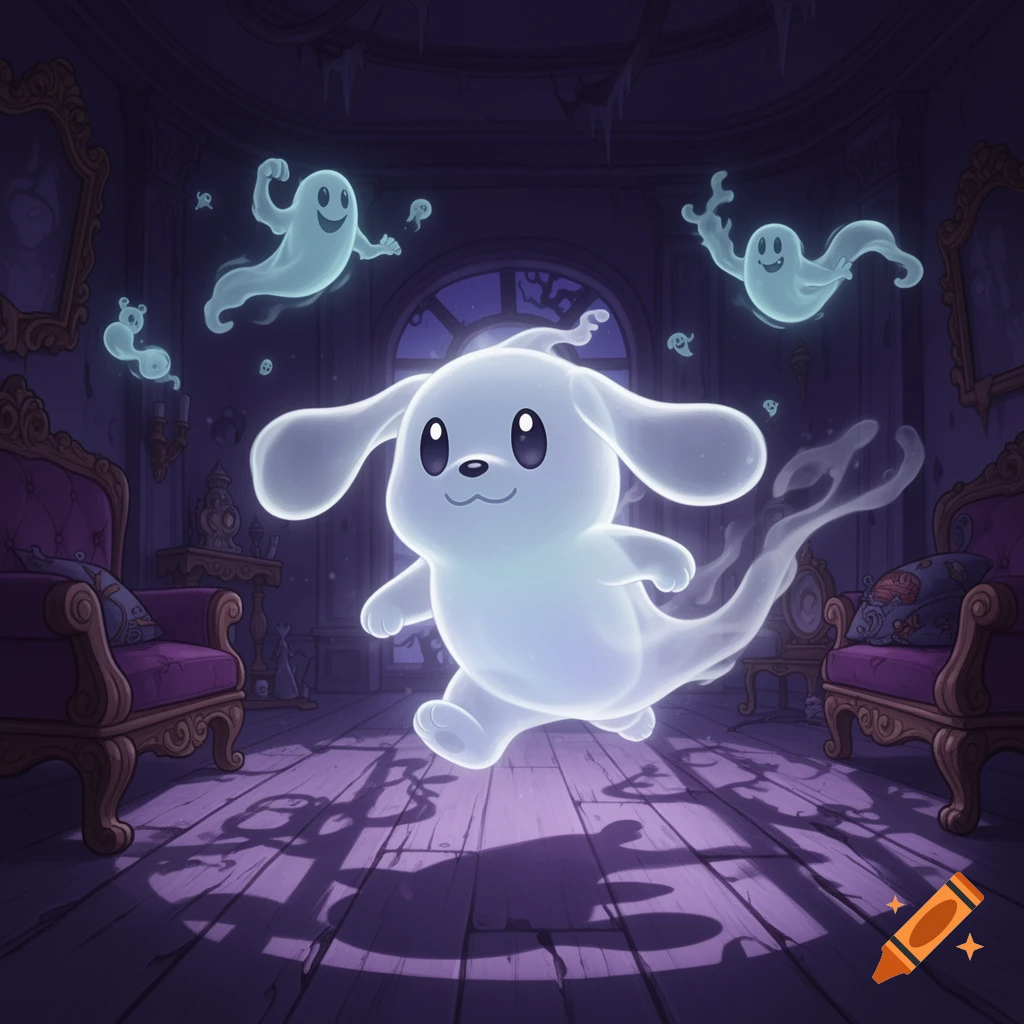 A cute, ghostly dog-like creature with floppy ears floats in an ornate, dimly lit room, surrounded by smaller ghosts in a cartoon style.