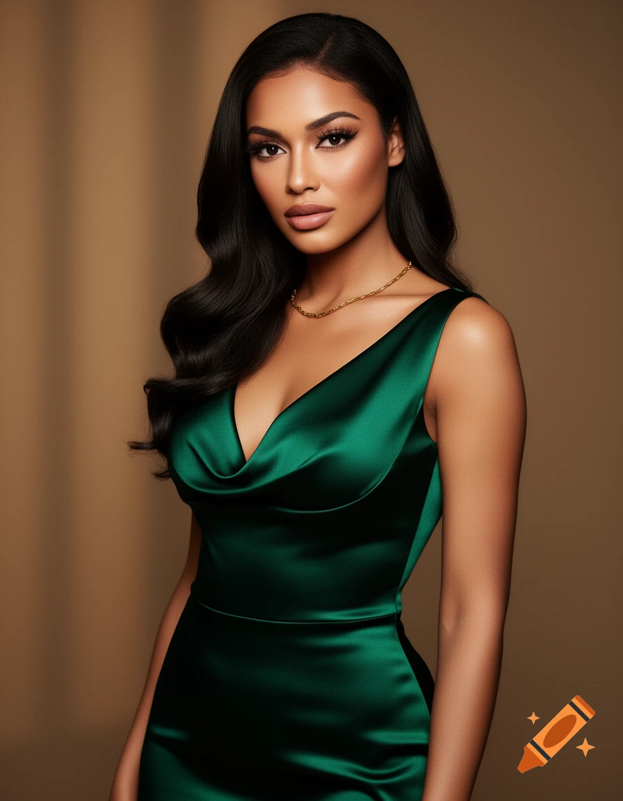 A woman with dark wavy hair in a green satin cowl-neck dress and a gold necklace, posing against a brown background.