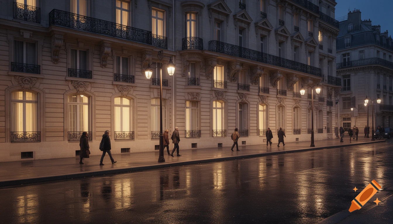 Photorealistic night scene of a wet Parisian street lined with ornate Haussmannian buildings, with pedestrians walking and glowing reflections.