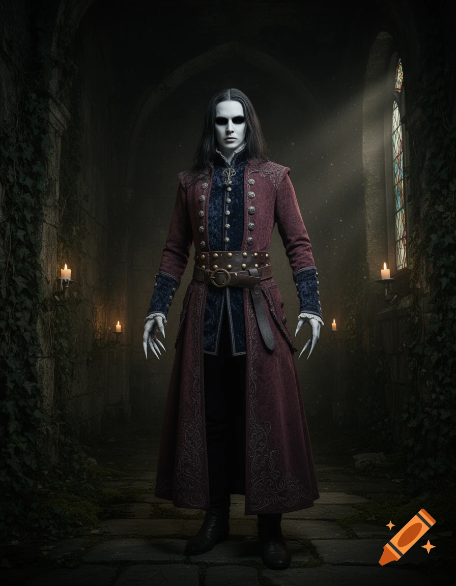 A pale figure with black eyes and long claws, dressed in a detailed burgundy and blue medieval coat, stands in a dark, candlelit gothic chamber.