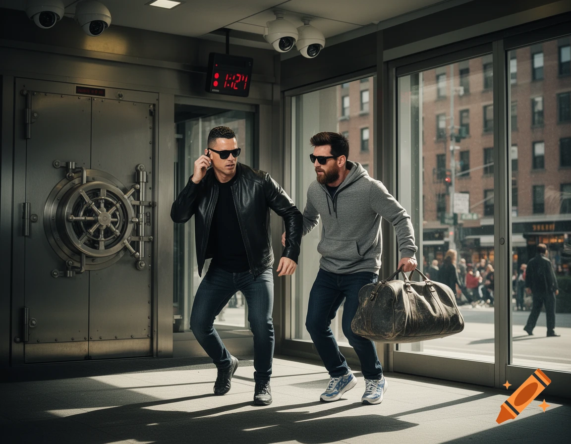 Two men rush from a bank vault, one on a phone and the other with a duffel bag, in a photorealistic style.