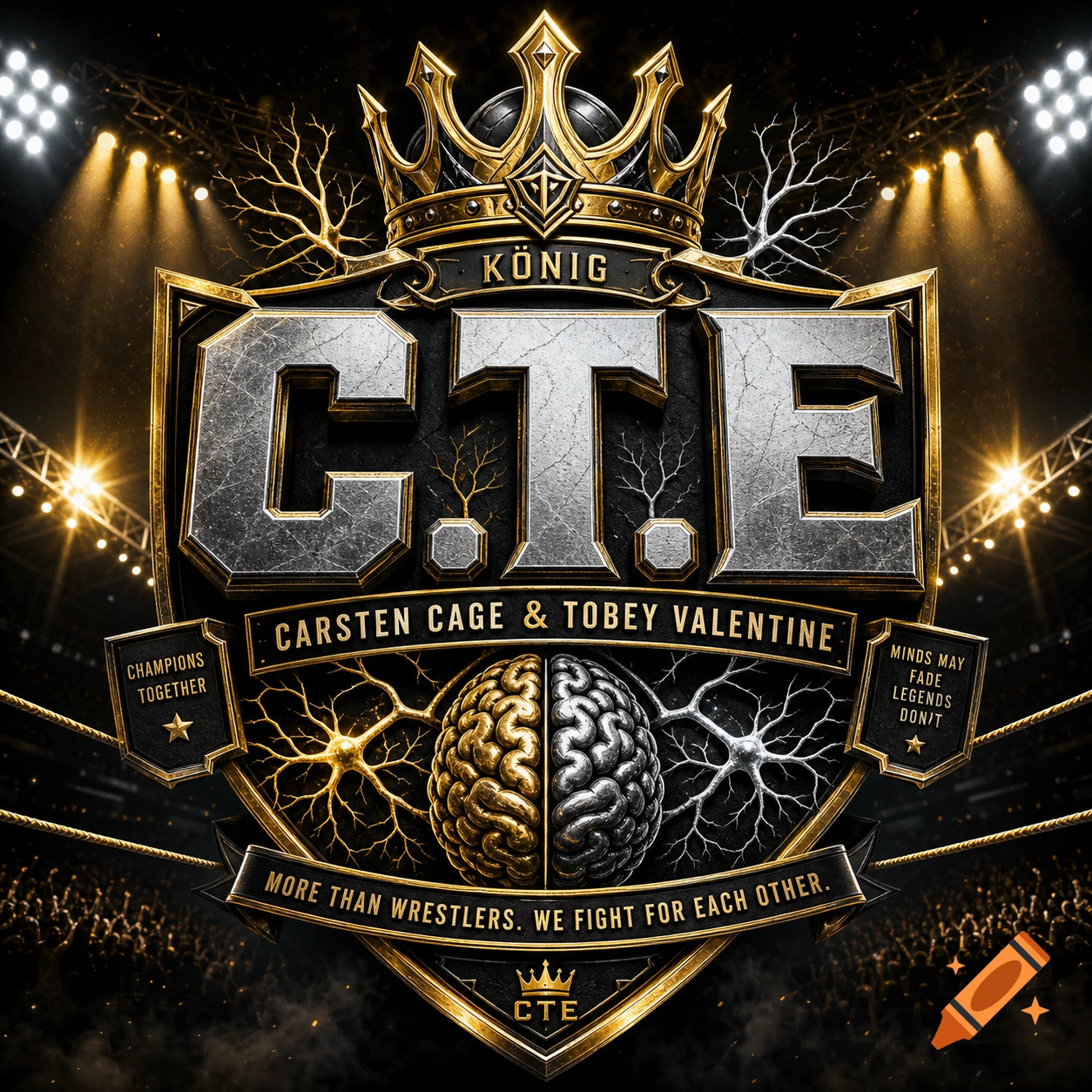 A detailed wrestling logo with a gold crown, silver and gold brains, and text 'C.T.E.' 'Carsten Cage & Tobey Valentine' over a stadium.