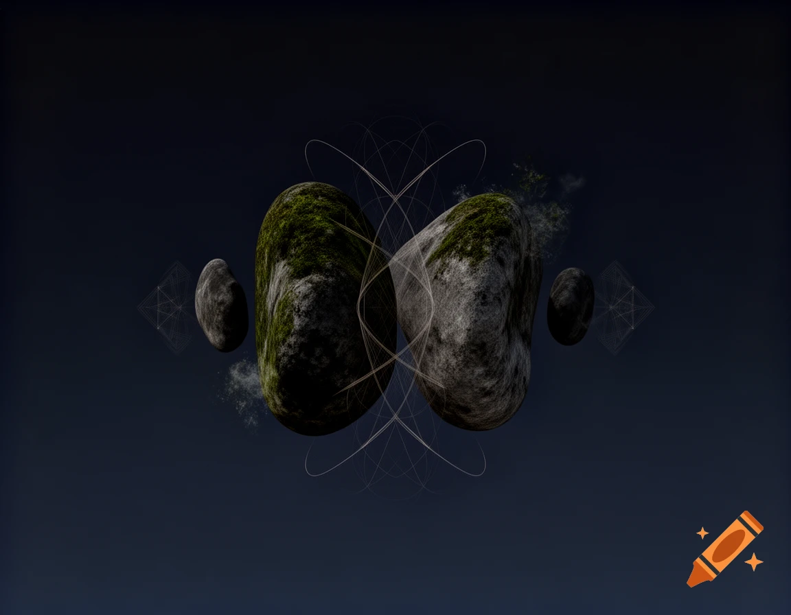 Abstract image of moss-covered rocks floating in a dark void, encircled by glowing geometric lines.