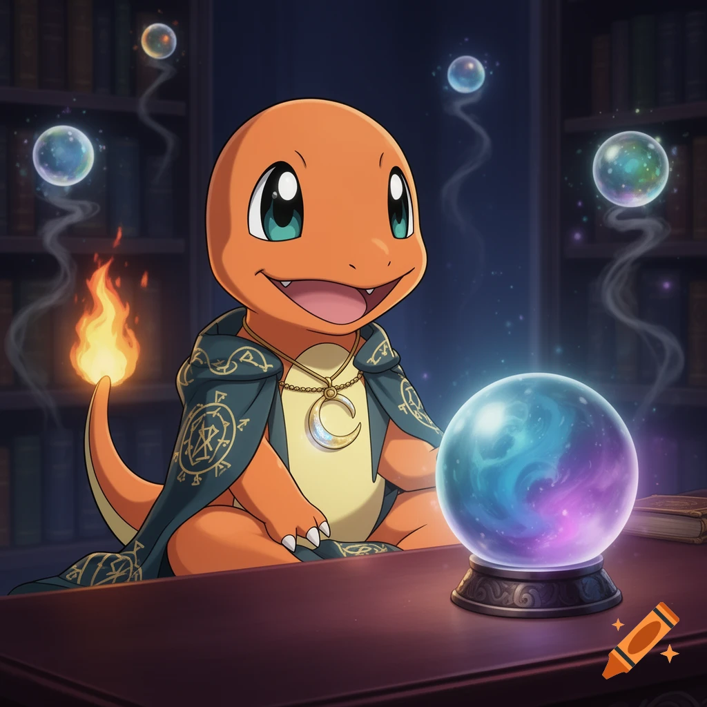A cute Charmander wearing a blue wizard cloak with gold symbols, a crescent moon pendant, and holding a glowing crystal ball in a dimly lit library.