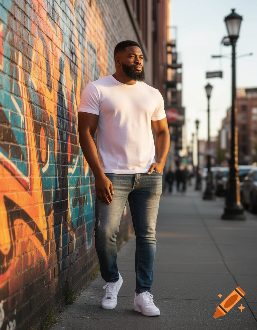 A Black man in a white t-shirt and jeans stands by a vibrant graffiti wall on an urban street.