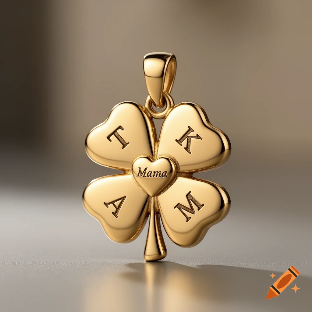 Photorealistic close-up of a shiny gold four-leaf clover pendant with letters T, K, A, M and the word Mama.