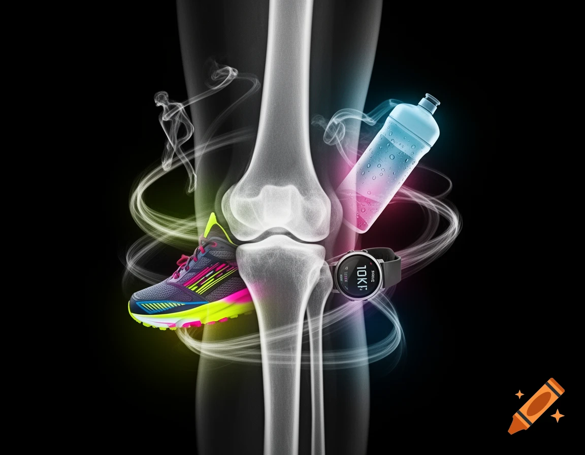 A stylized X-ray of a knee joint with a vibrant running shoe, water bottle, and smartwatch superimposed, surrounded by glowing energy trails on a black background.