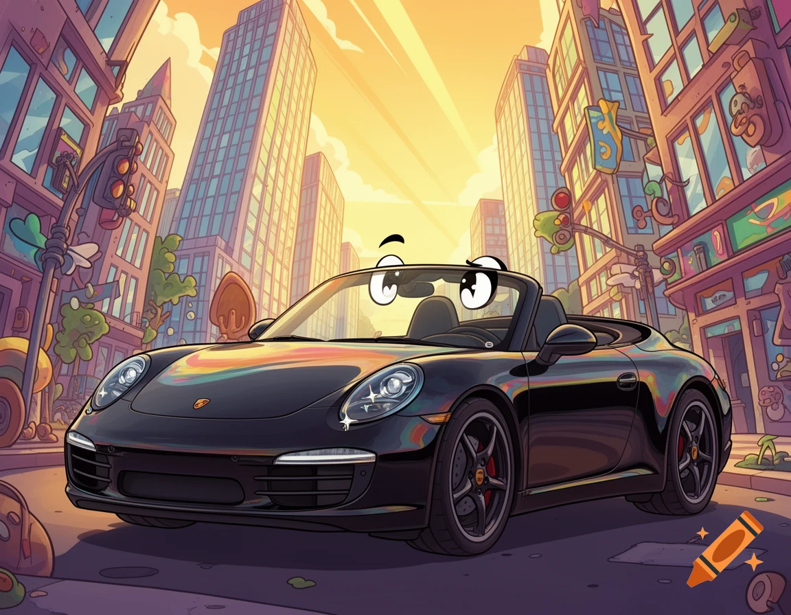 A black convertible Porsche 911 with big cartoon eyes on the windshield drives through a vibrant, cartoon-style city at sunset.