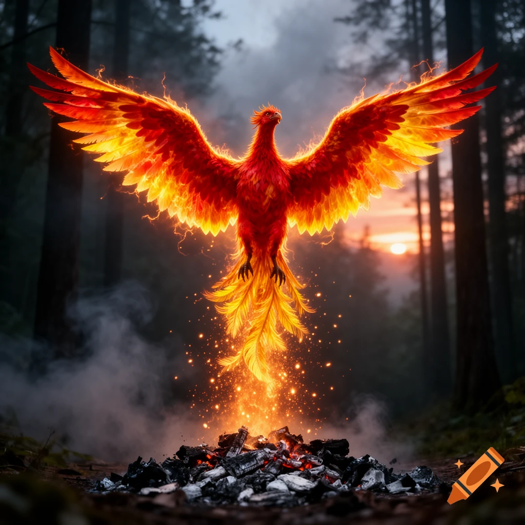 A majestic fiery phoenix rises from glowing ashes in a dark forest with a sunset background, appearing mythical and powerful.