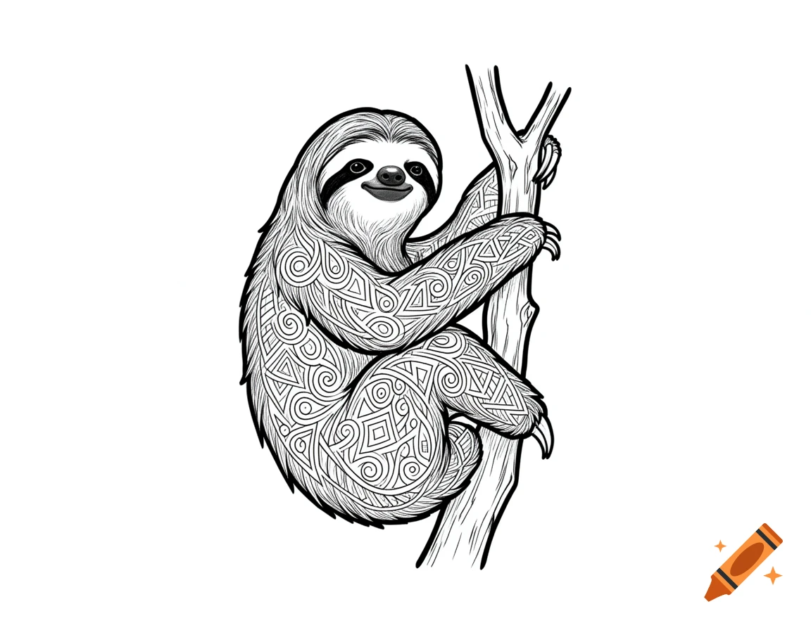 Black and white line art of a sloth with intricate patterns on its body, clinging to a tree branch.