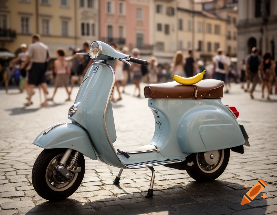 A light blue Vespa scooter with a single yellow banana on its brown leather seat, parked on a cobblestone street in a bustling European city square.