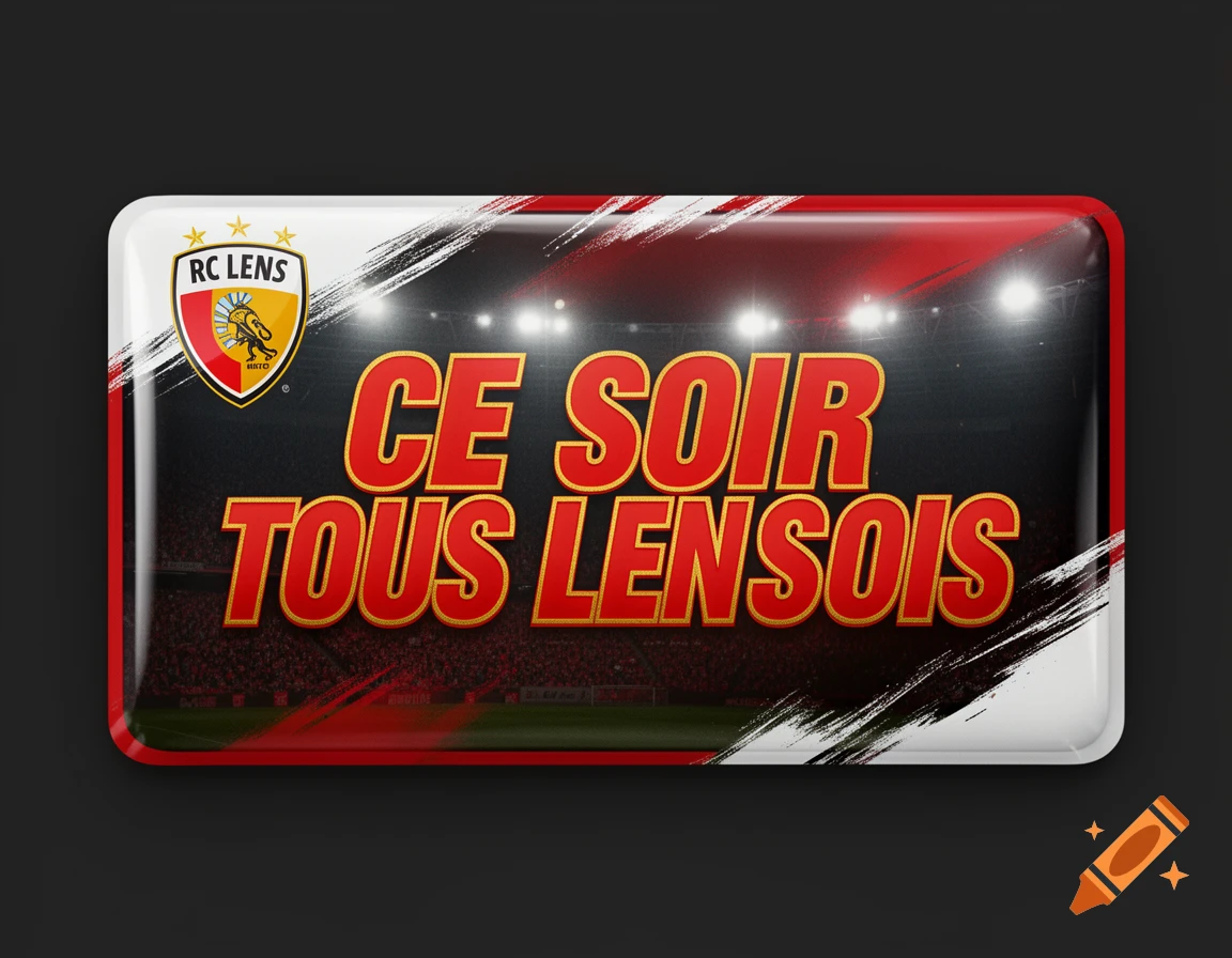 A rectangular badge featuring the RC Lens football club logo and the red and gold slogan "CE SOIR TOUS LENSOIS" over a stadium background.