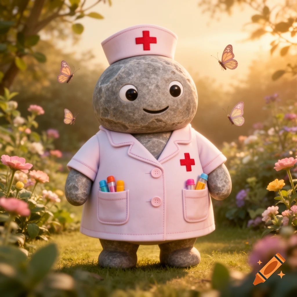 A cute, smiling rock creature dressed as a nurse, standing in a sunny garden with flowers and butterflies.