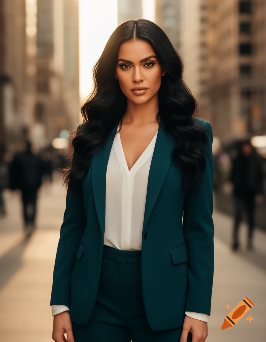 Photorealistic portrait of a woman with dark wavy hair wearing a teal business suit and white shirt, standing on a city street.