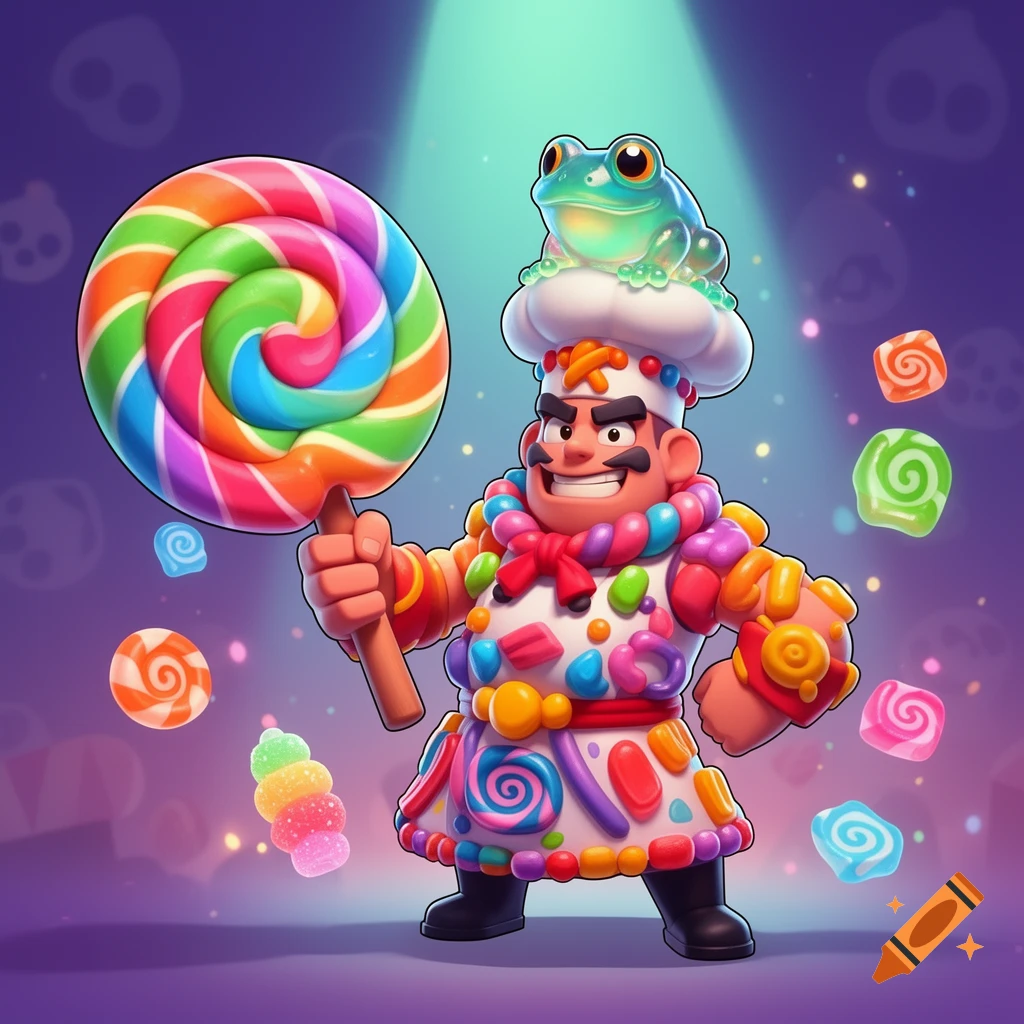 A colorful cartoon candy chef character, in Brawl Stars style, holding a giant rainbow lollipop with a translucent green frog on its hat.