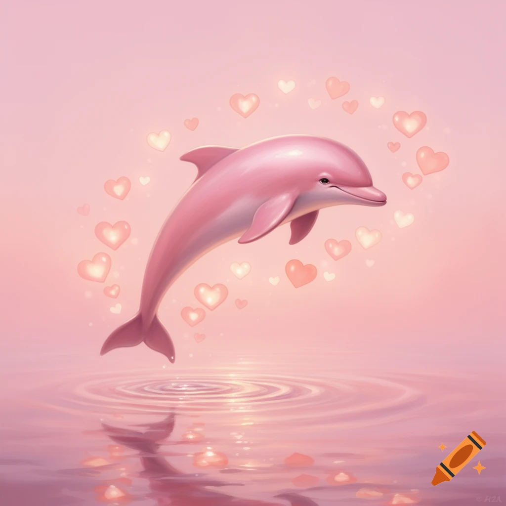An illustration of a pink dolphin leaping from pink water, surrounded by glowing hearts.