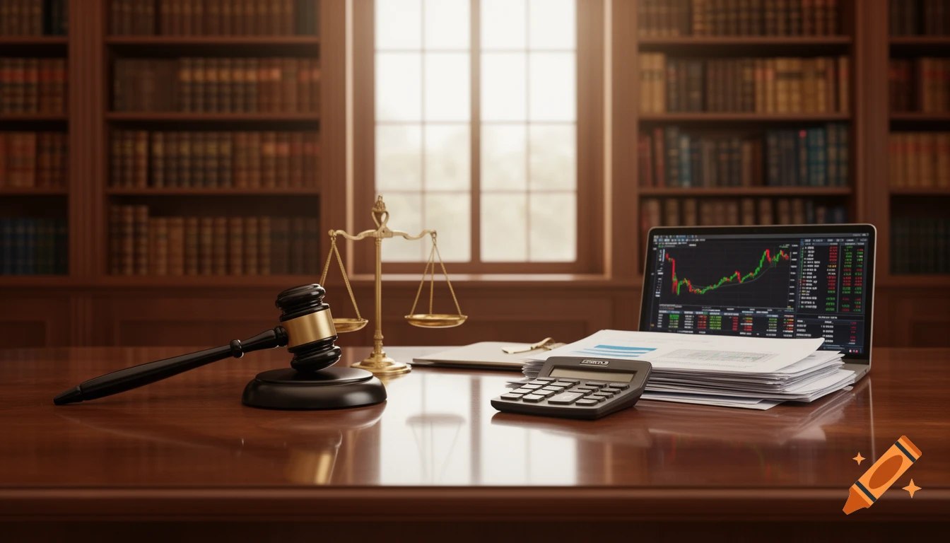A lawyer's desk with a gavel, scales of justice, laptop showing finance charts, calculator, and papers in a library.