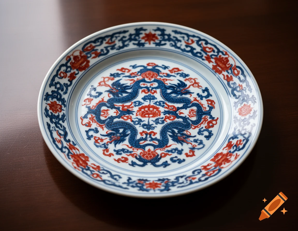 A white ceramic plate with intricate blue dragon and red floral patterns, viewed from above on a dark wooden surface.