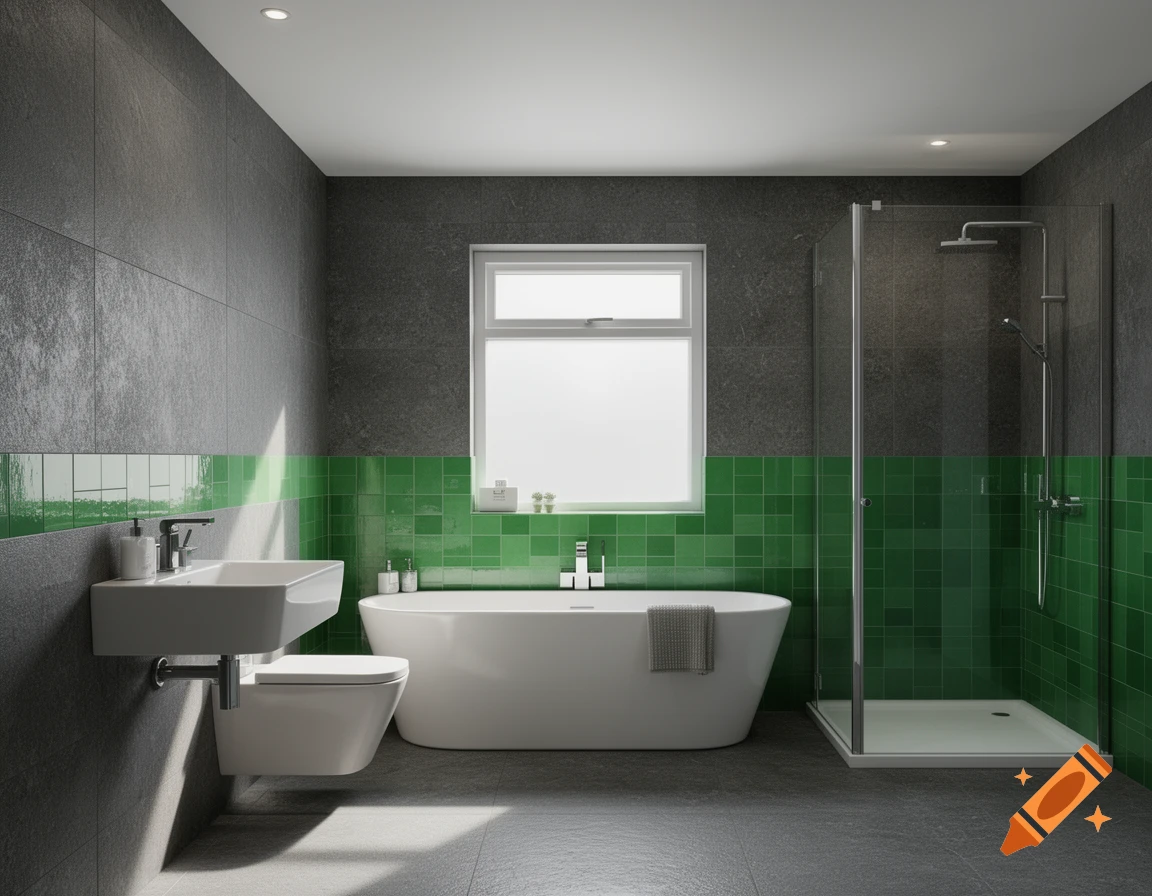 A modern bathroom with dark grey stone-effect tiles, green accent tiles, a freestanding tub, wall-mounted sink and toilet, and a glass shower enclosure.