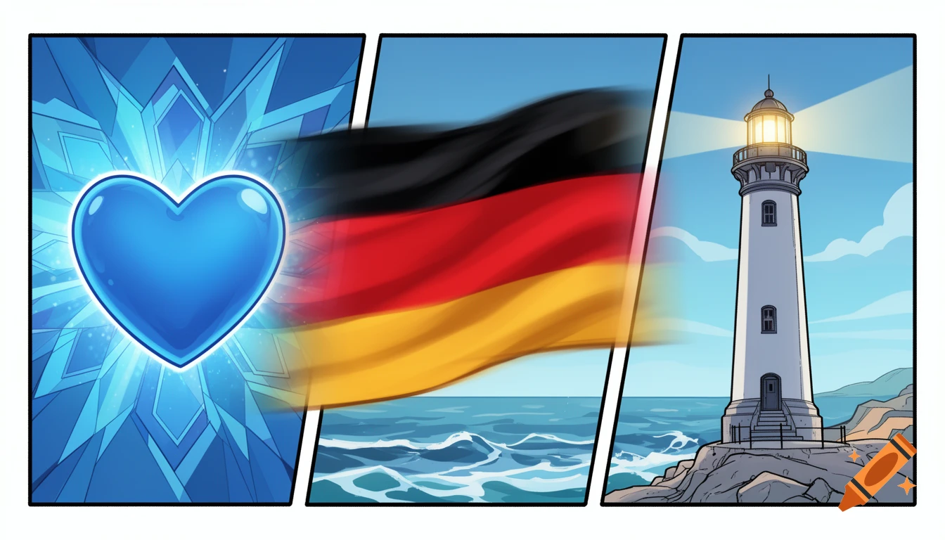 A comic strip with three panels: a glowing blue heart, a blurred German flag waving over the sea, and a lighthouse on rocky cliffs.