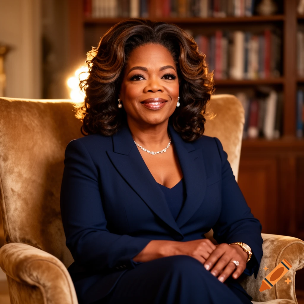 Photorealistic portrait of Oprah Winfrey in a navy suit, seated in a velvet armchair, smiling in a room with a bookshelf.