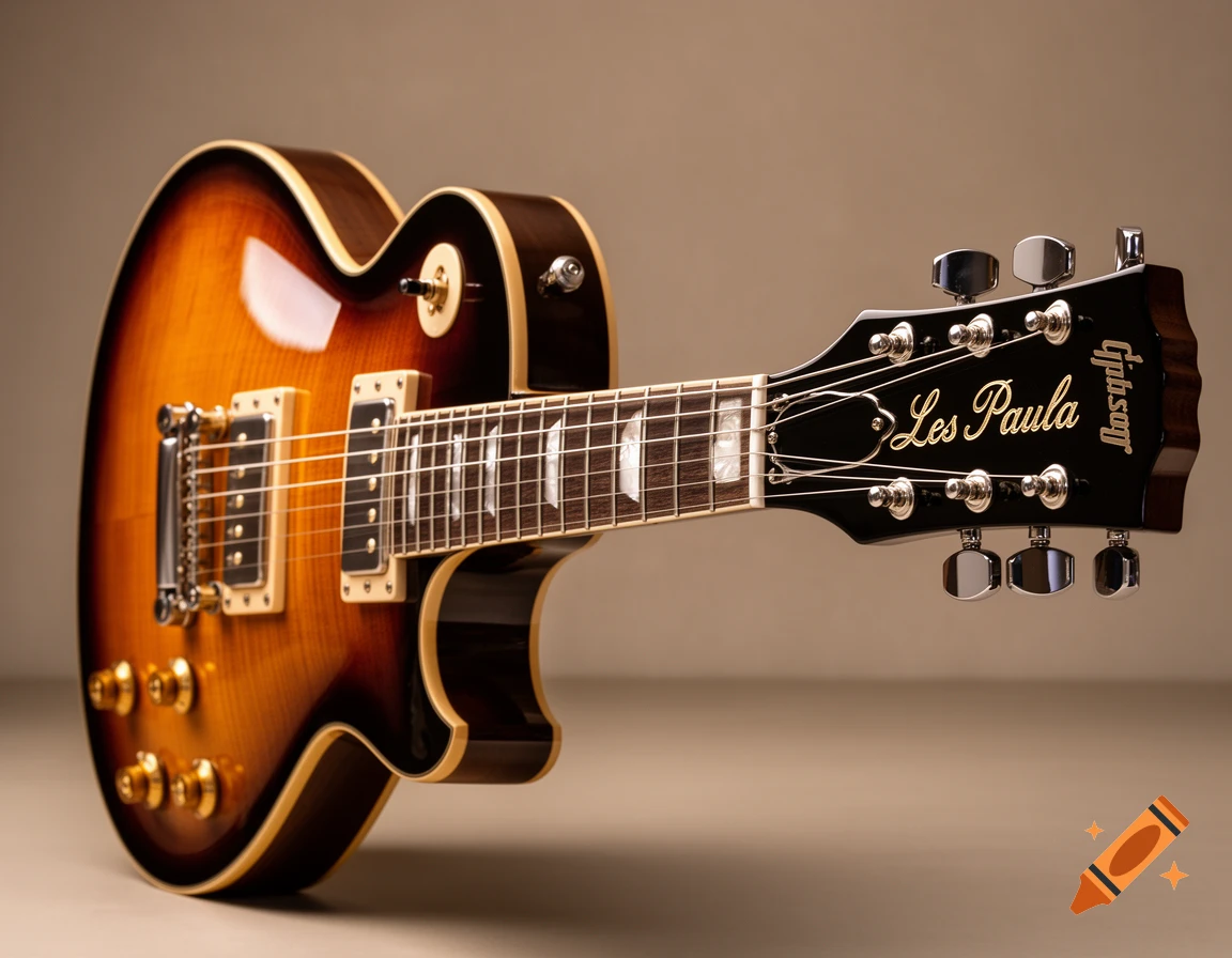 A photorealistic close-up of a sunburst electric guitar with 'Les Paula' written on the headstock.